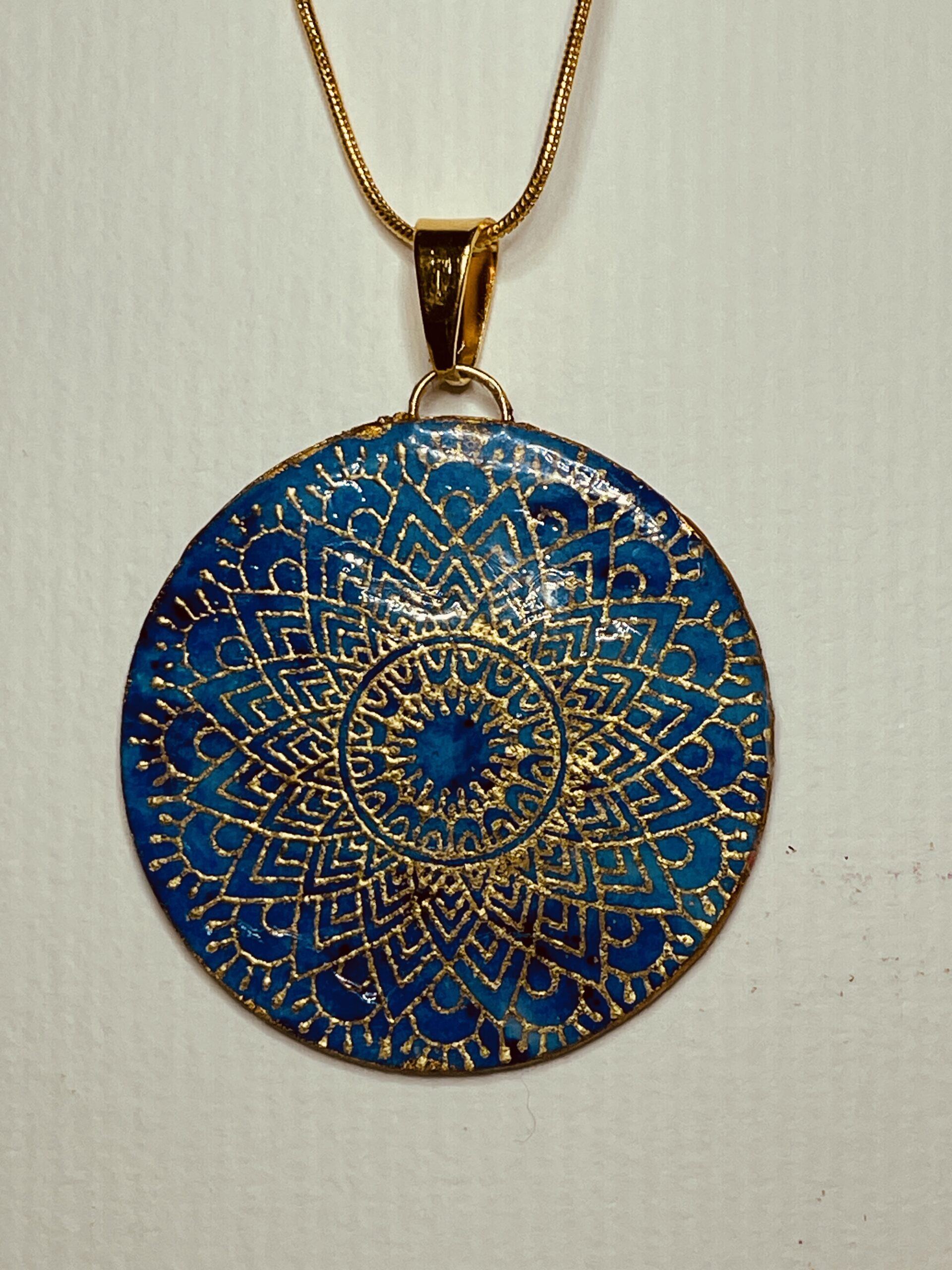 Tauranga Jewellery - double sided gold and blue hand made mandala pendant