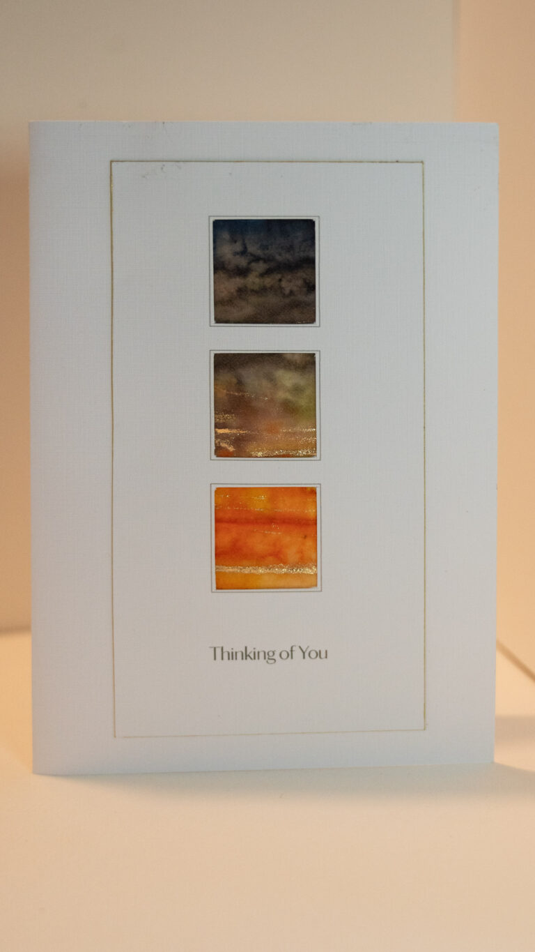 Tauranga hand made greeting card: with Thinking Of You sentiment. Made by hand from inks on tissue, mounted under three apertures in a vertical triptych. 