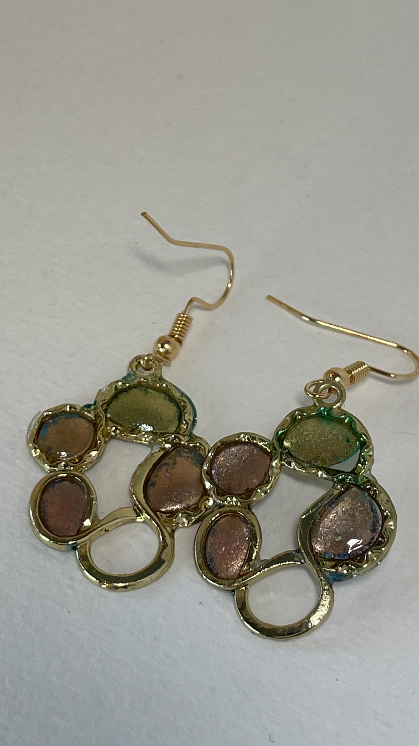 Tauranga Jewellery: Hand crafted earrings made in Tauranga from resin and alcohol, set in gold-metal bezesl.