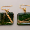 Tauranga Jewellery: hand made green and gold square shaped earrings. Crafted from card stock, ink and resin.