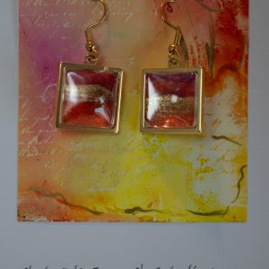 Tauranga Jewellery: Hand made earrings, gold, red and pink alcohol ink in square metal bezels with cabochon top.
