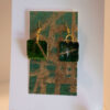 Tauranga Jewellery: hand made green and gold square shaped earrings. Crafted from card stock, ink and resin.