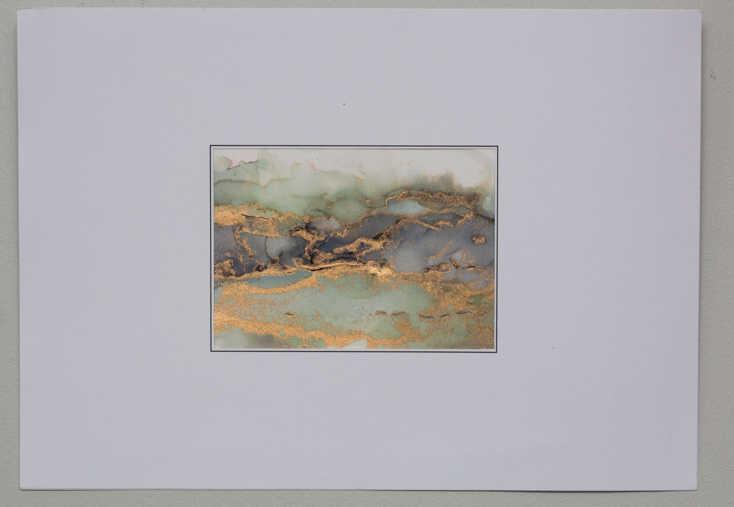 Original ink work on synthetic paper featuring muted greys with gold highlights. Unframed.