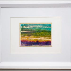 This piece is very bright, crafted by hand painting inks on handmade Japanese paper, featuring metallic gold highlights.