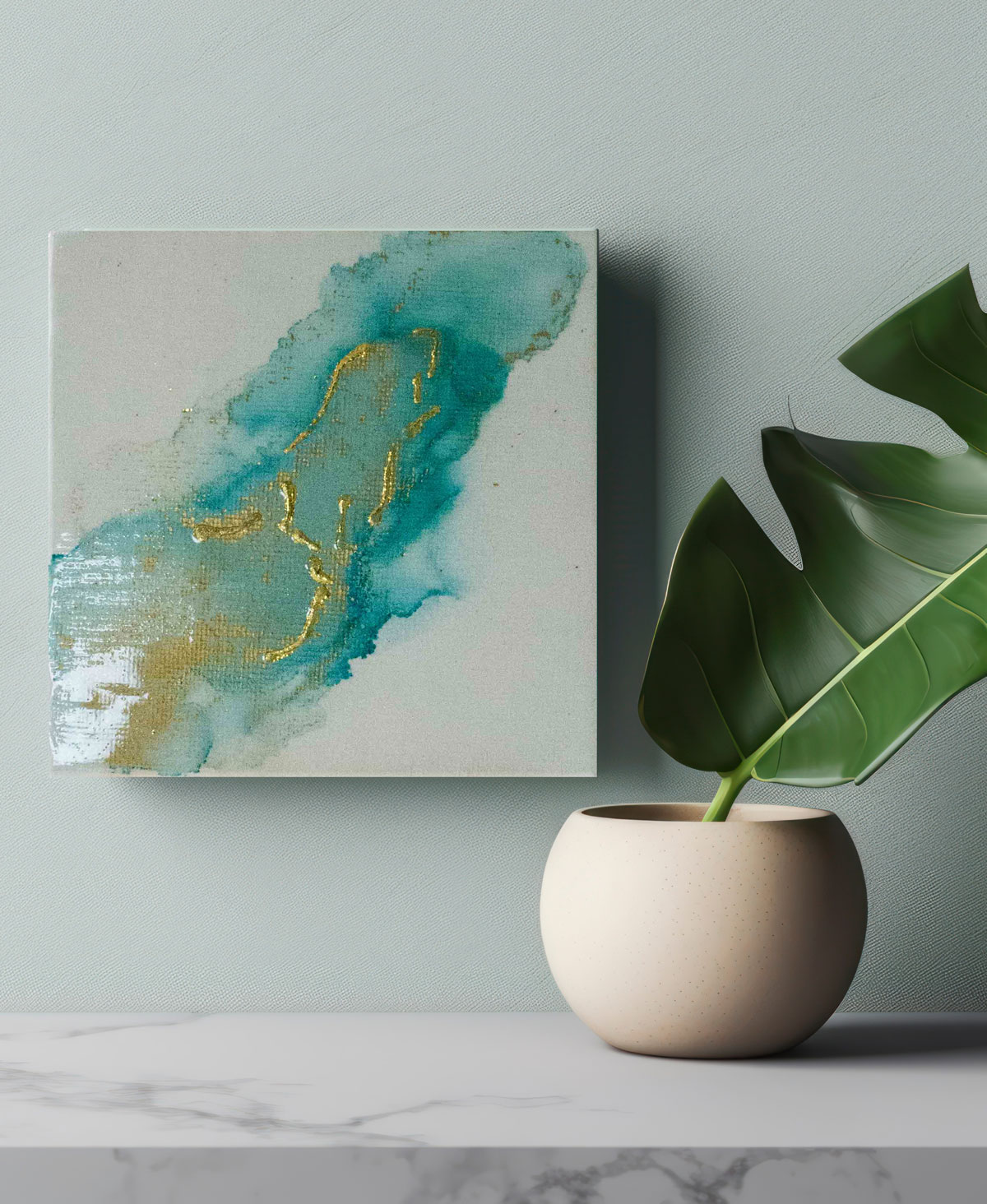 Original hand painted inkscape. Mock up of hung art in a domestic interior setting.