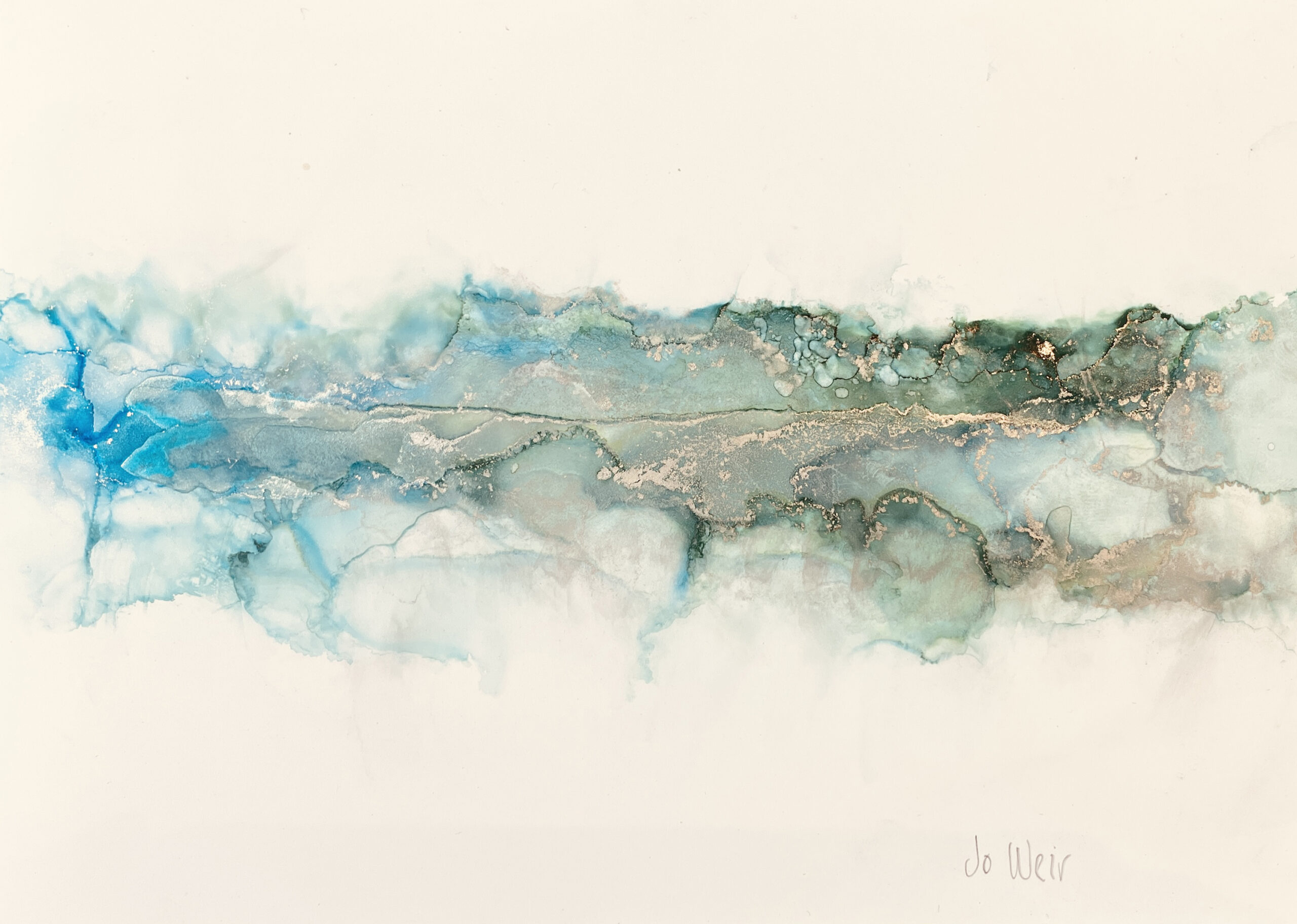New Zealand artist, ink piece in greens and blues with metallic highlights