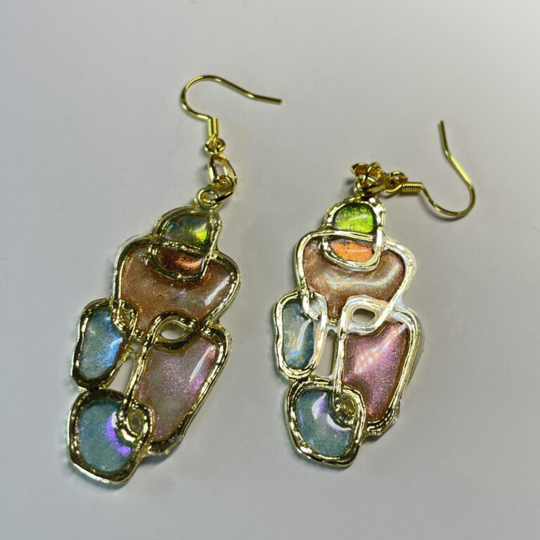 Hand made earrings in pink, blue and green