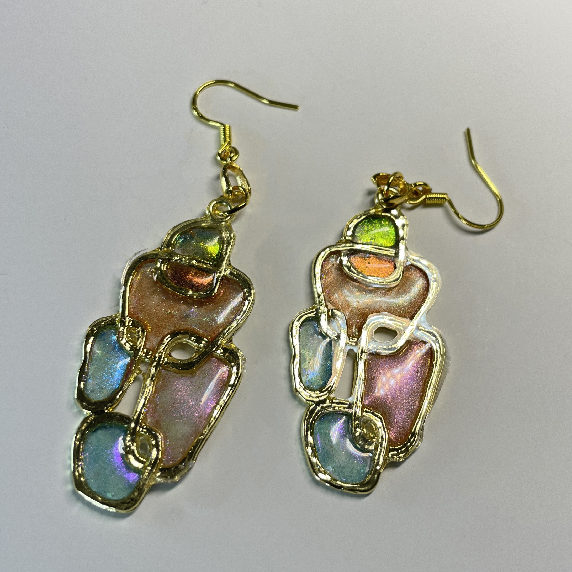 Hand made earrings in pink, blue and green Hand made earrings in pink, blue and green