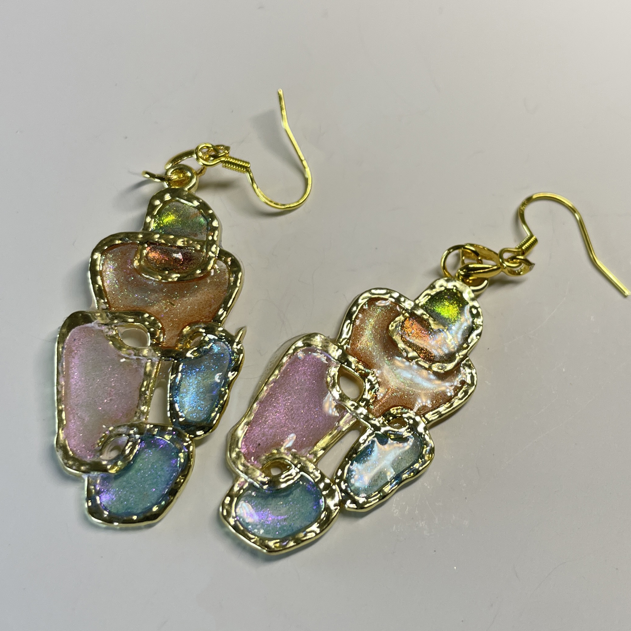 Hand made earrings in pink, blue and green Hand made earrings in pink, blue and green