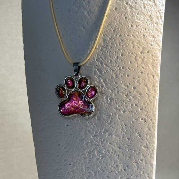 Hand made pendant featuring chameleon colour shift pigment in a silver-coloured pet paw bezel