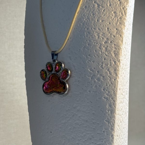 Hand made pendant featuring chameleon colour shift pigment in a silver-coloured pet paw bezel
