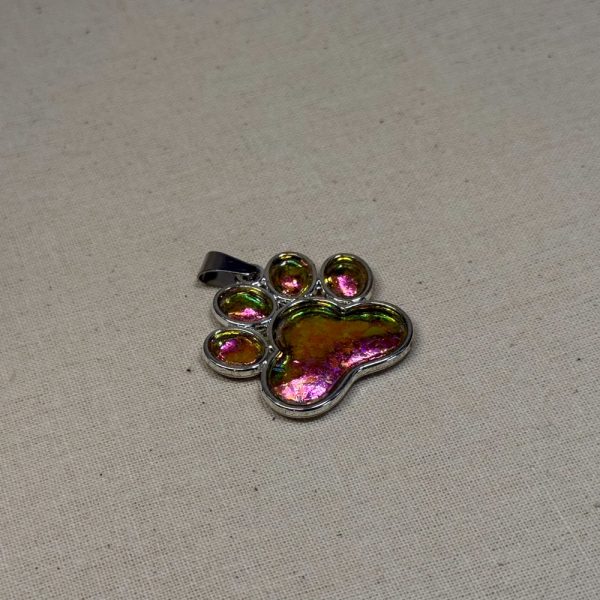 Hand made pendant featuring chameleon colour shift pigment in a silver-coloured pet paw bezel