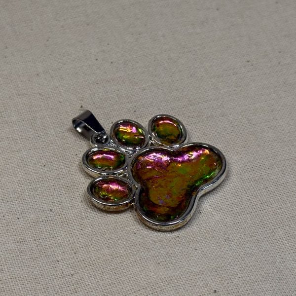 Hand made pendant featuring chameleon colour shift pigment in a silver-coloured pet paw bezel