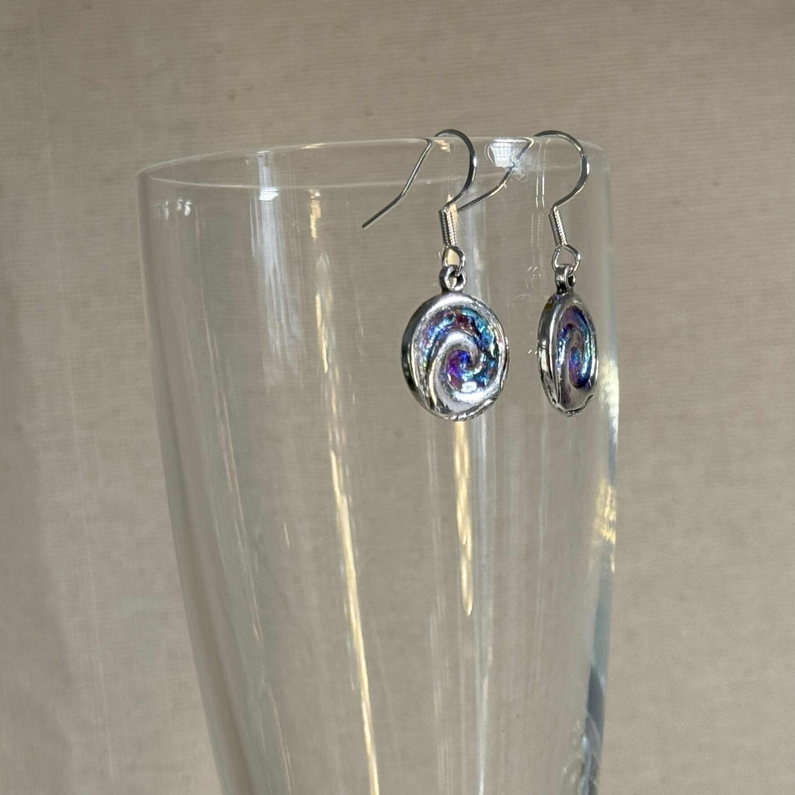 Silvery blue spiral earrings on ss925 hooks hand made in Tauranga, NZ Silvery blue spiral earrings on ss925 hooks hand made in Tauranga, NZ