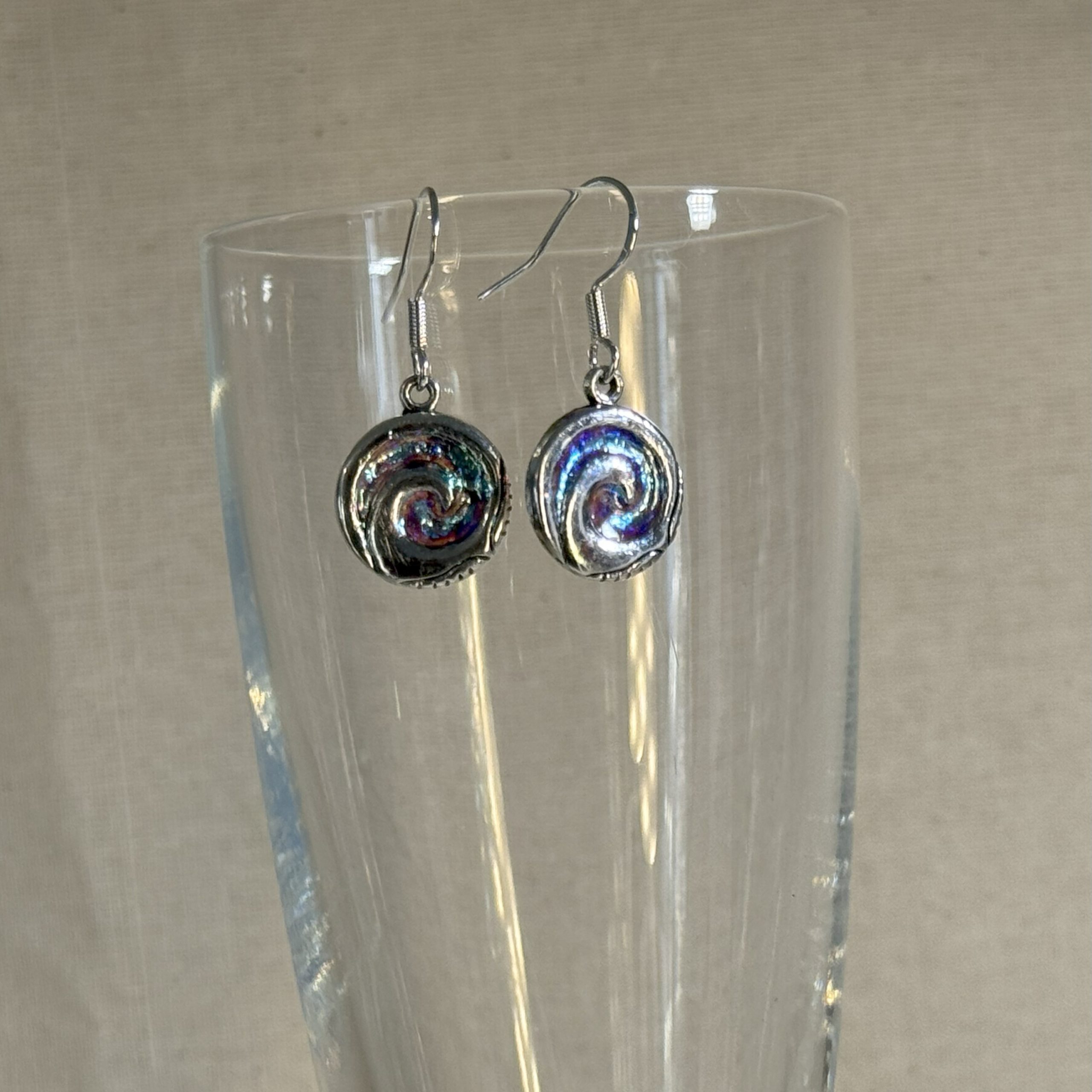 Silvery blue spiral earrings on ss925 hooks hand made in Tauranga, NZ Silvery blue spiral earrings on ss925 hooks hand made in Tauranga, NZ