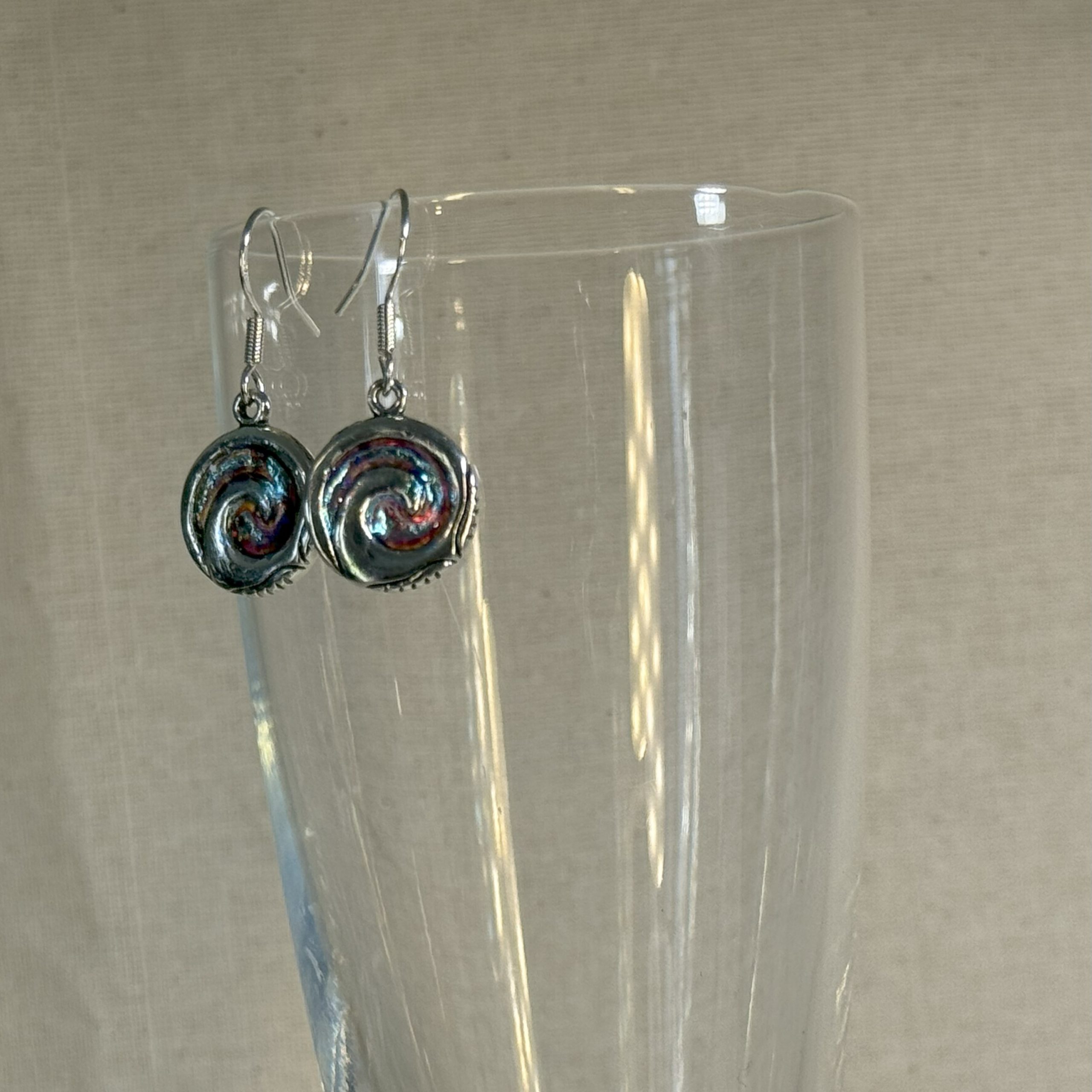 Silvery blue spiral earrings on ss925 hooks hand made in Tauranga, NZ Silvery blue spiral earrings on ss925 hooks hand made in Tauranga, NZ
