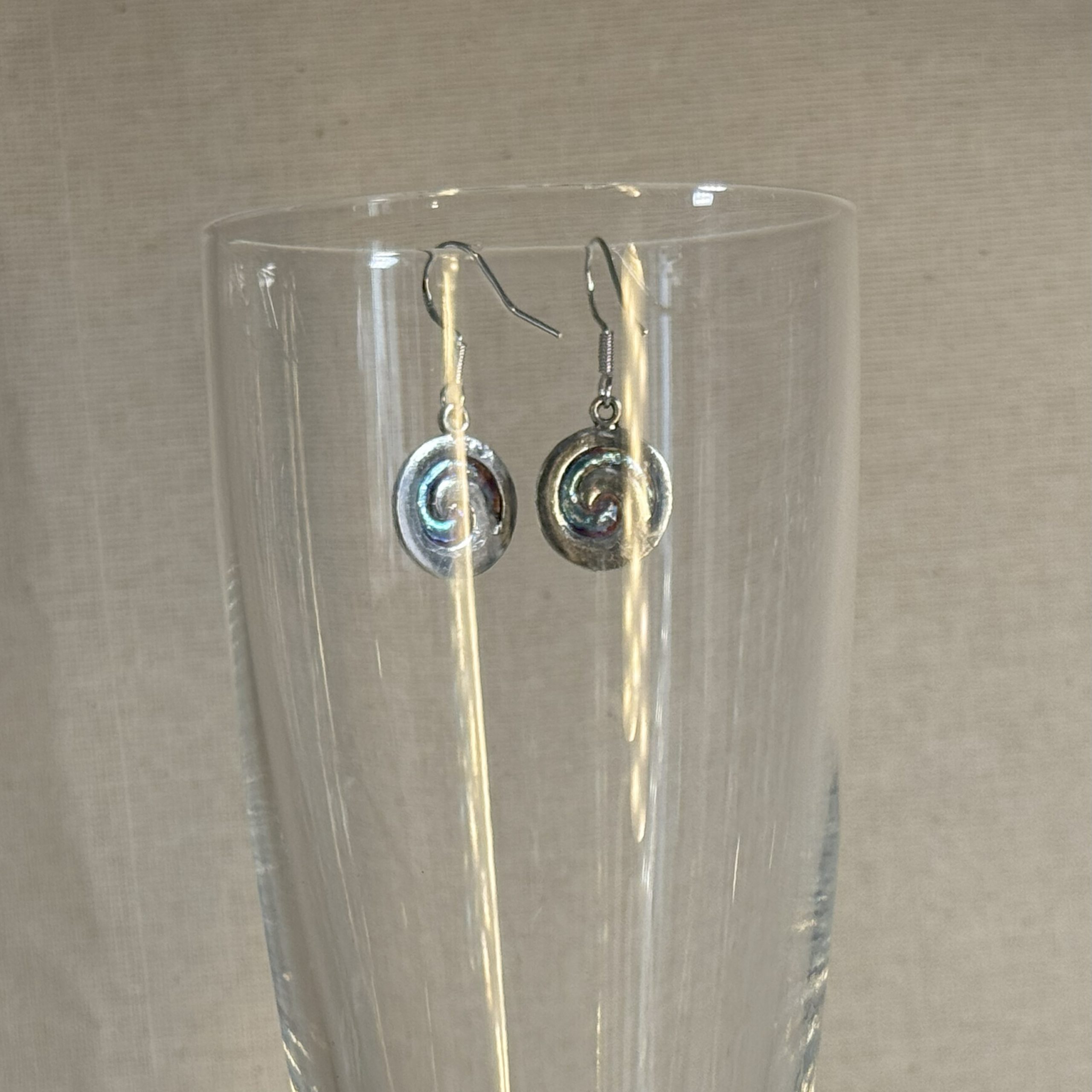 Silvery blue spiral earrings on ss925 hooks hand made in Tauranga, NZ Silvery blue spiral earrings on ss925 hooks hand made in Tauranga, NZ