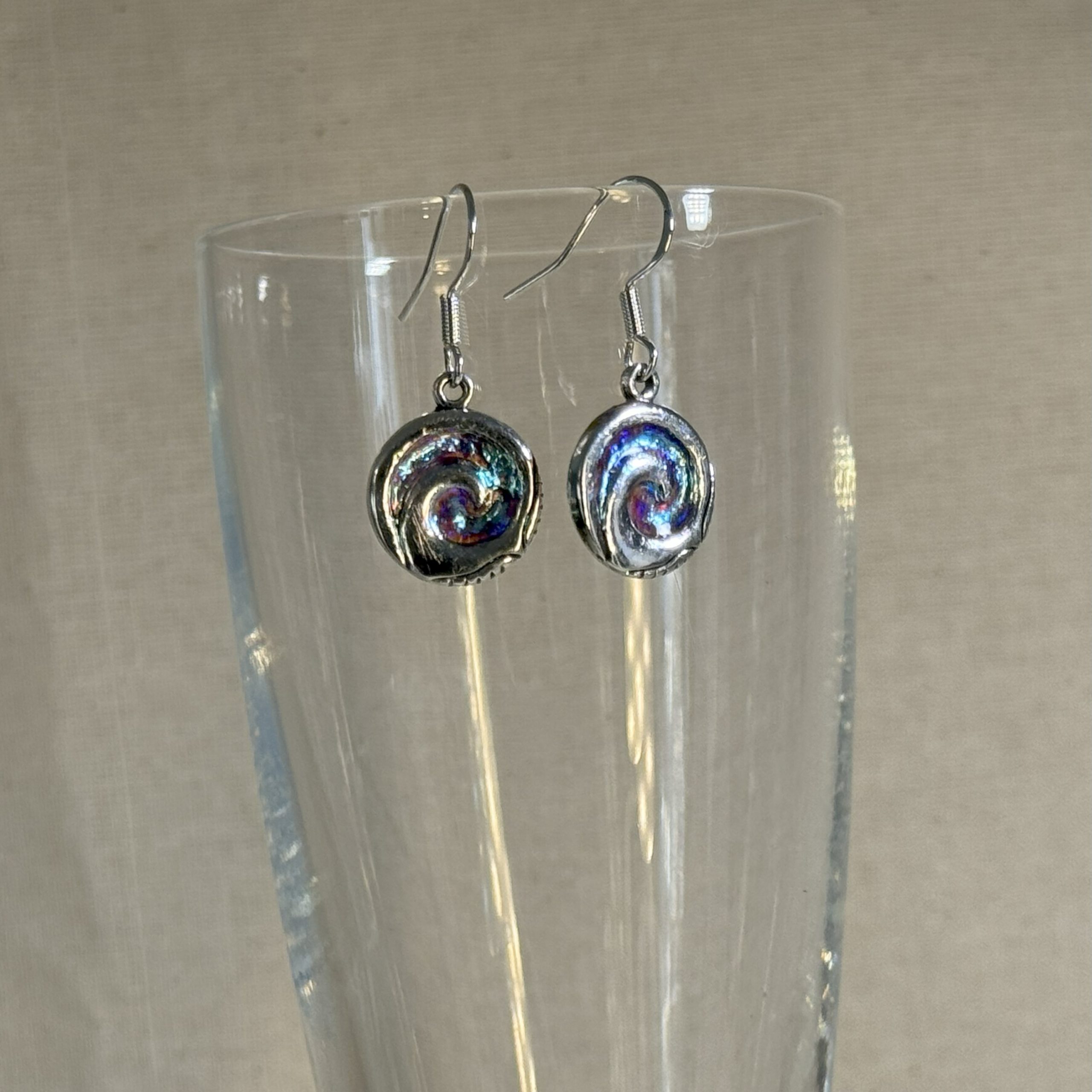 Silvery blue spiral earrings on ss925 hooks hand made in Tauranga, NZ Silvery blue spiral earrings on ss925 hooks hand made in Tauranga, NZ
