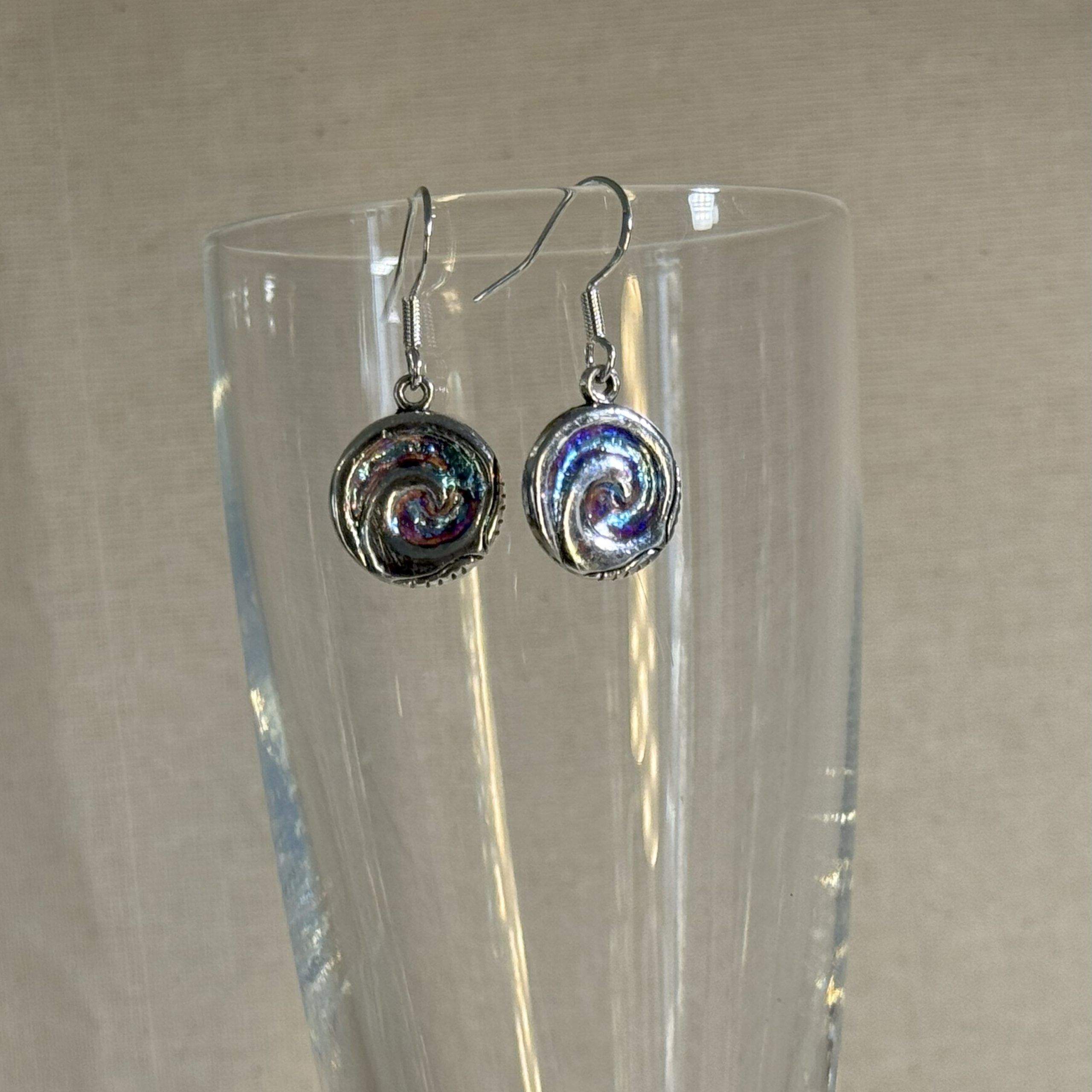 Silvery blue spiral earrings on ss925 hooks hand made in Tauranga, NZ Silvery blue spiral earrings on ss925 hooks hand made in Tauranga, NZ