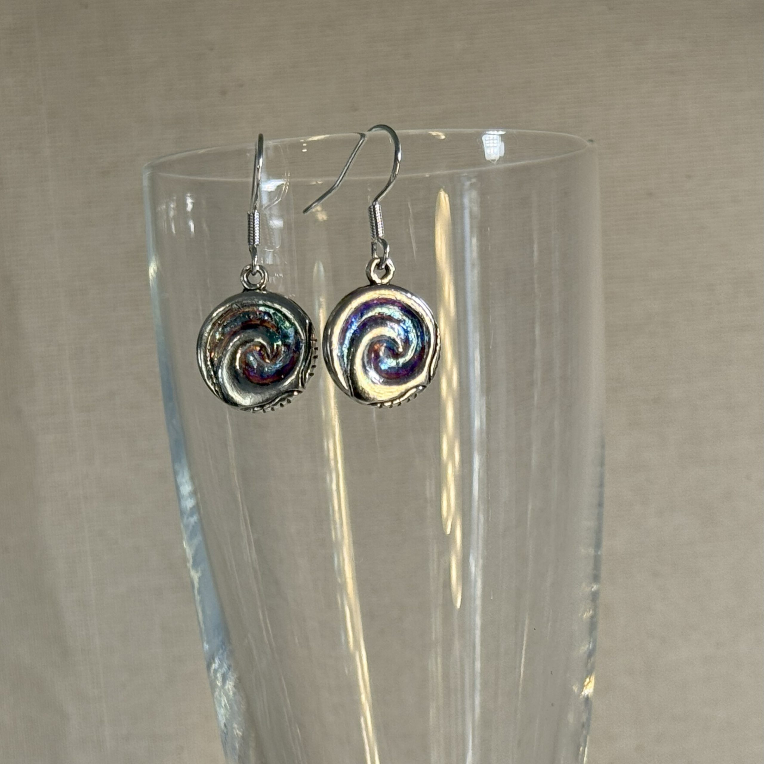 Silvery blue spiral earrings on ss925 hooks hand made in Tauranga, NZ Silvery blue spiral earrings on ss925 hooks hand made in Tauranga, NZ