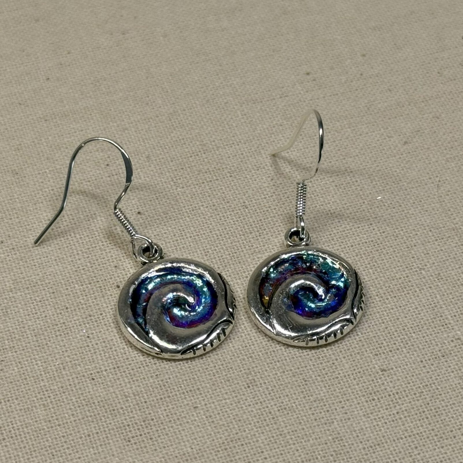 Silvery blue spiral earrings on ss925 hooks hand made in Tauranga, NZ Silvery blue spiral earrings on ss925 hooks hand made in Tauranga, NZ
