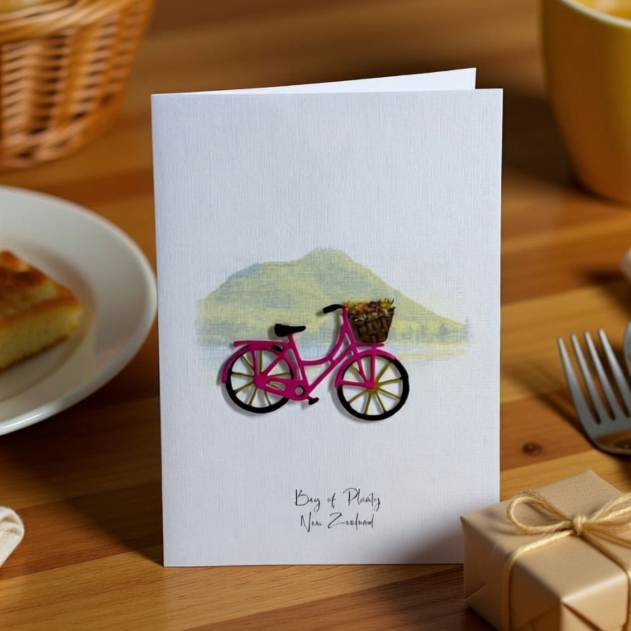 Bay of Plenty Card featuring a hand made pink bike