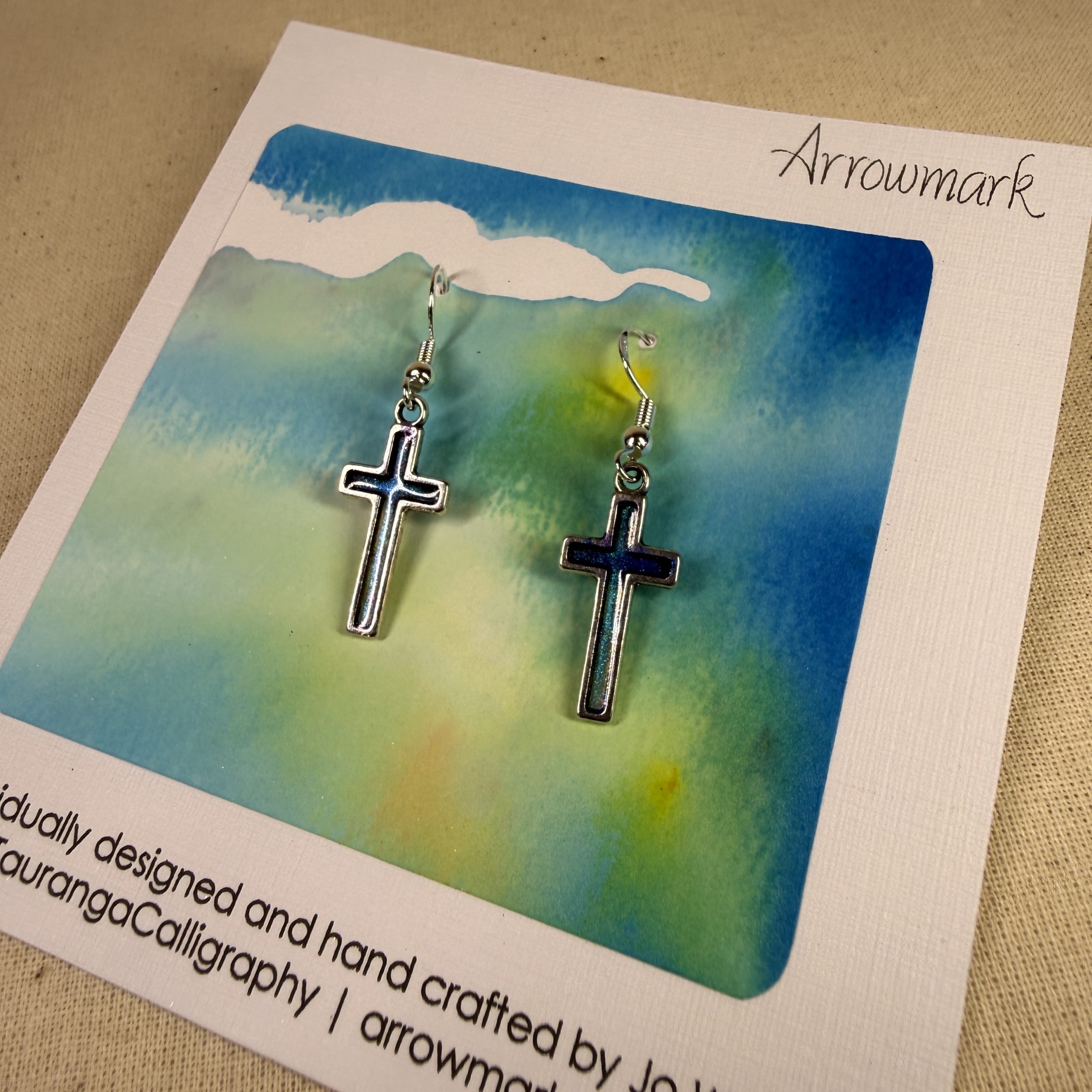 NZ Hand made jewellery silver blue cross earrings