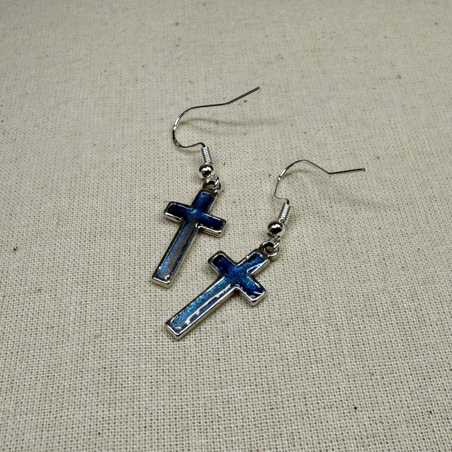 NZ Hand made jewellery silver blue cross earrings