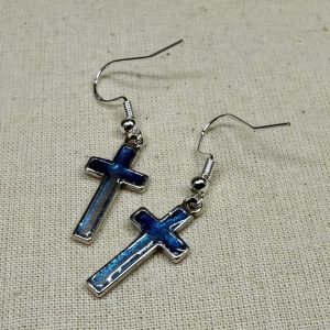 NZ Hand made jewellery silver blue cross earrings