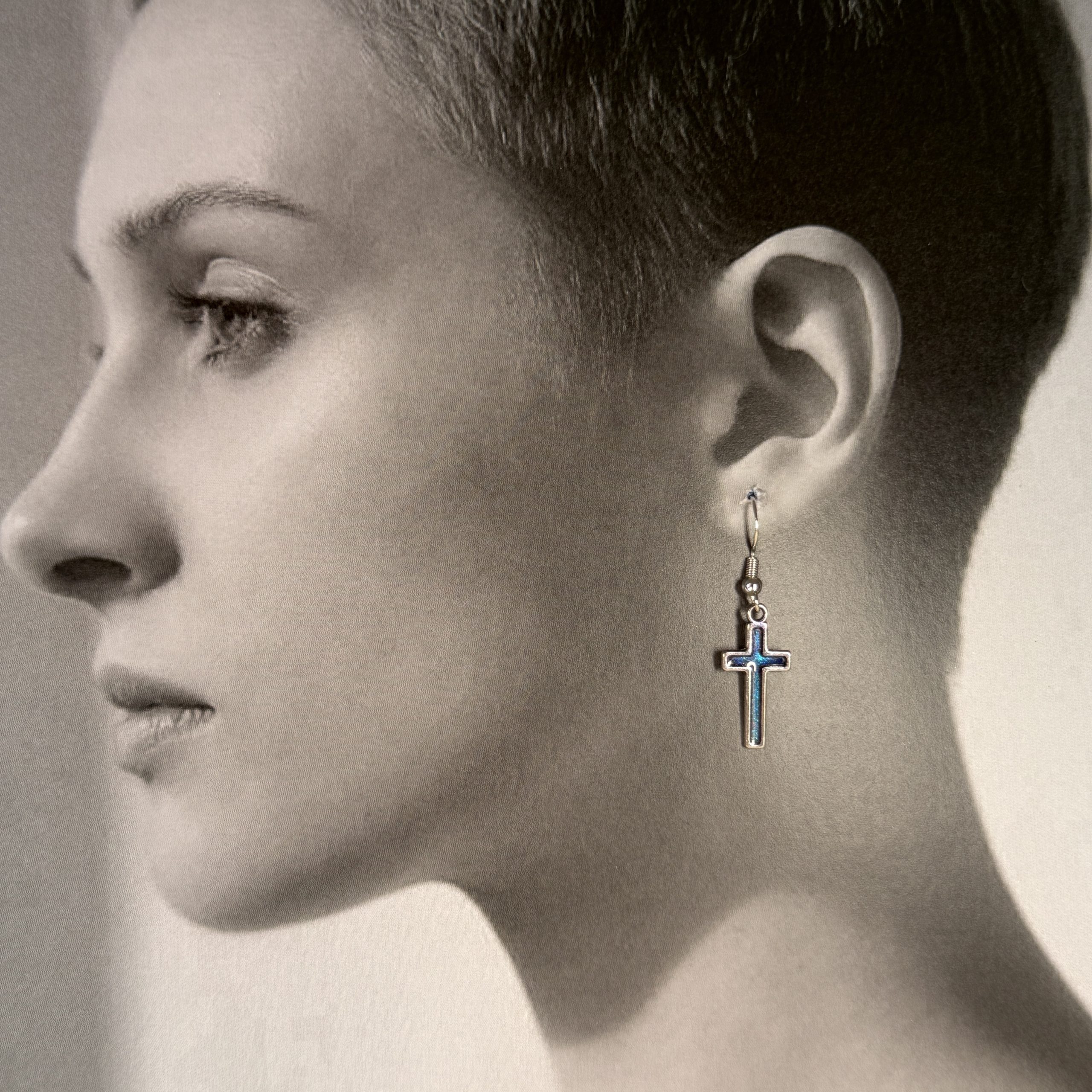 NZ Hand made jewellery silver blue cross earrings