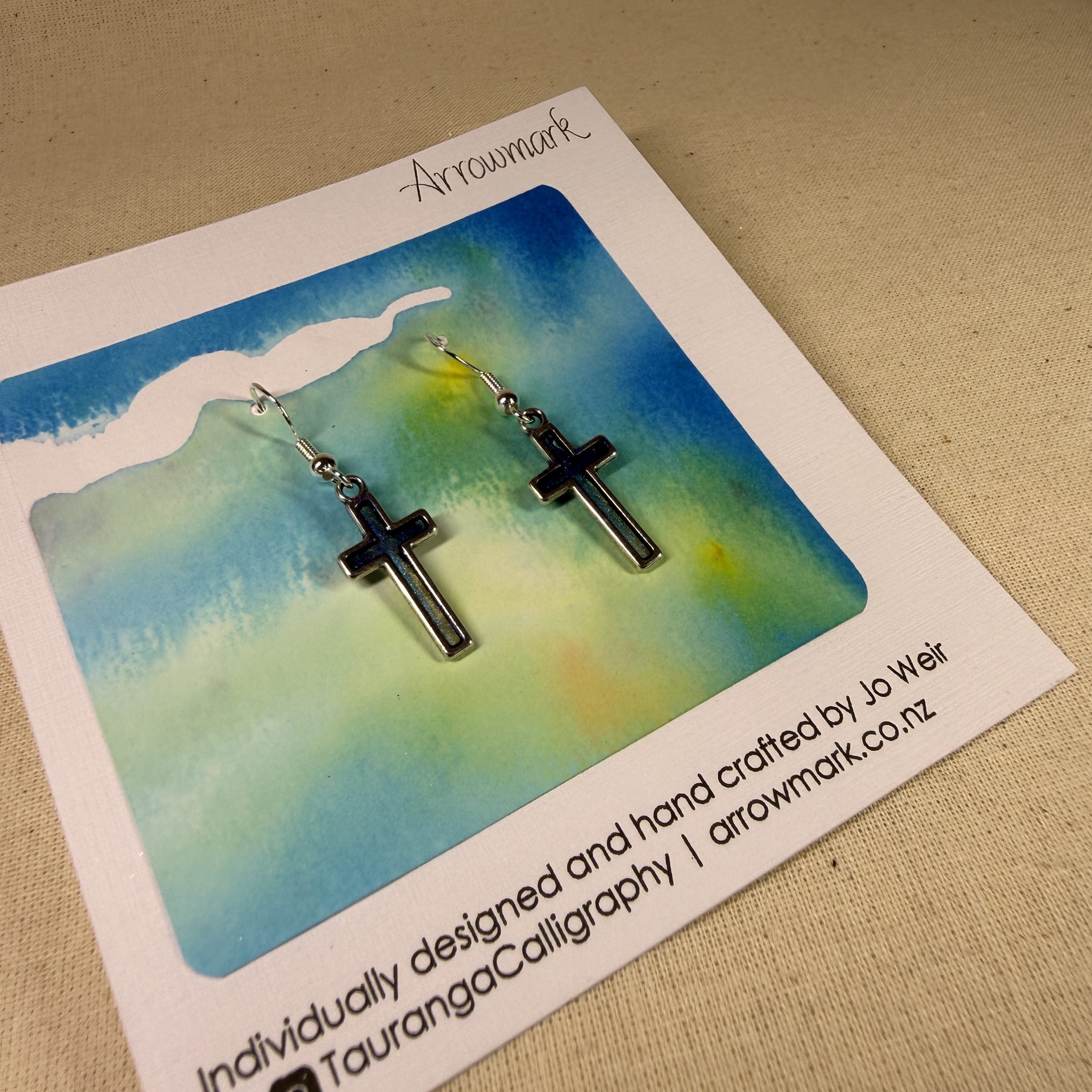 NZ Hand made jewellery silver blue cross earrings